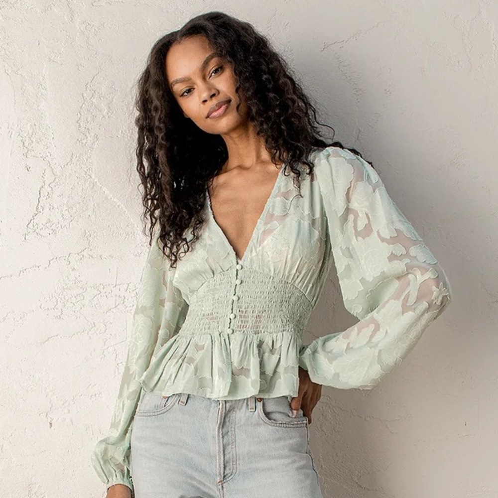 Lulus Patio Light Green Button Long Sleeve Top